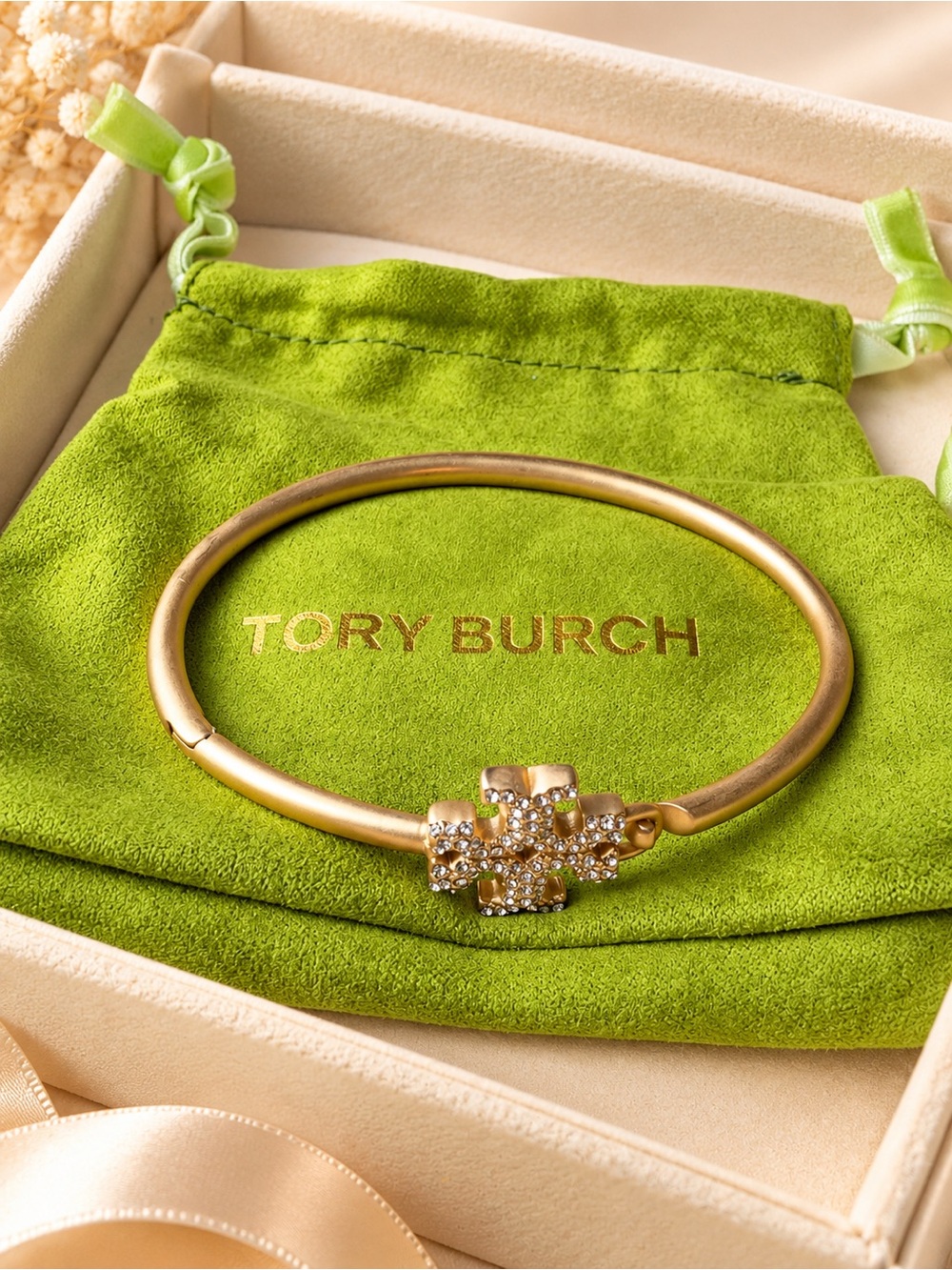 Tory Burch Gold Crystal Logo Hinged Bangle